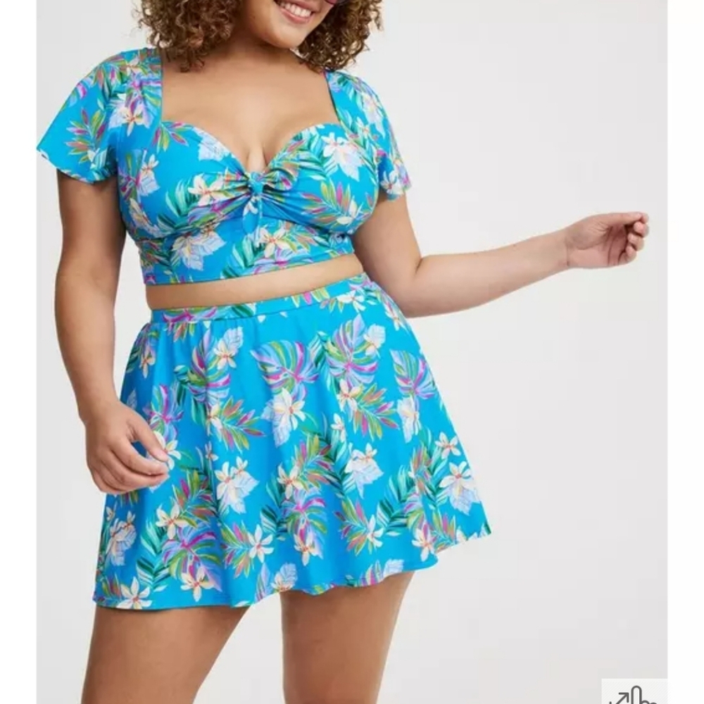 🆕️👙3X BLUE TROPICAL FLORAL WIRELESS FLUTTER SLEEVE SWIM TOP & SWIM SKIRT SET👙